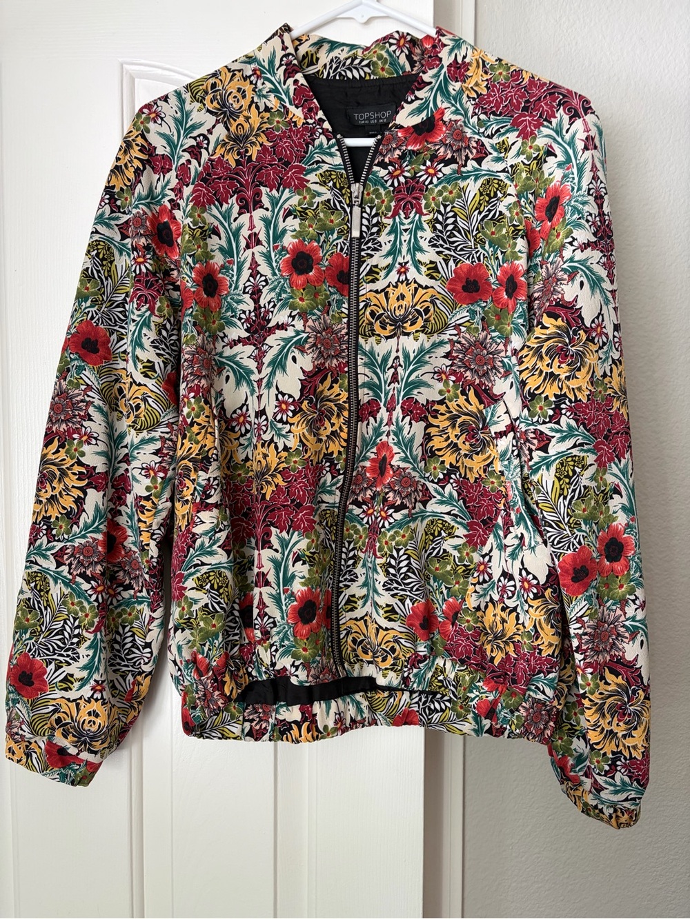 Topshop Floral Bomber Jacket in Red, Yellow, Green, Black, White
